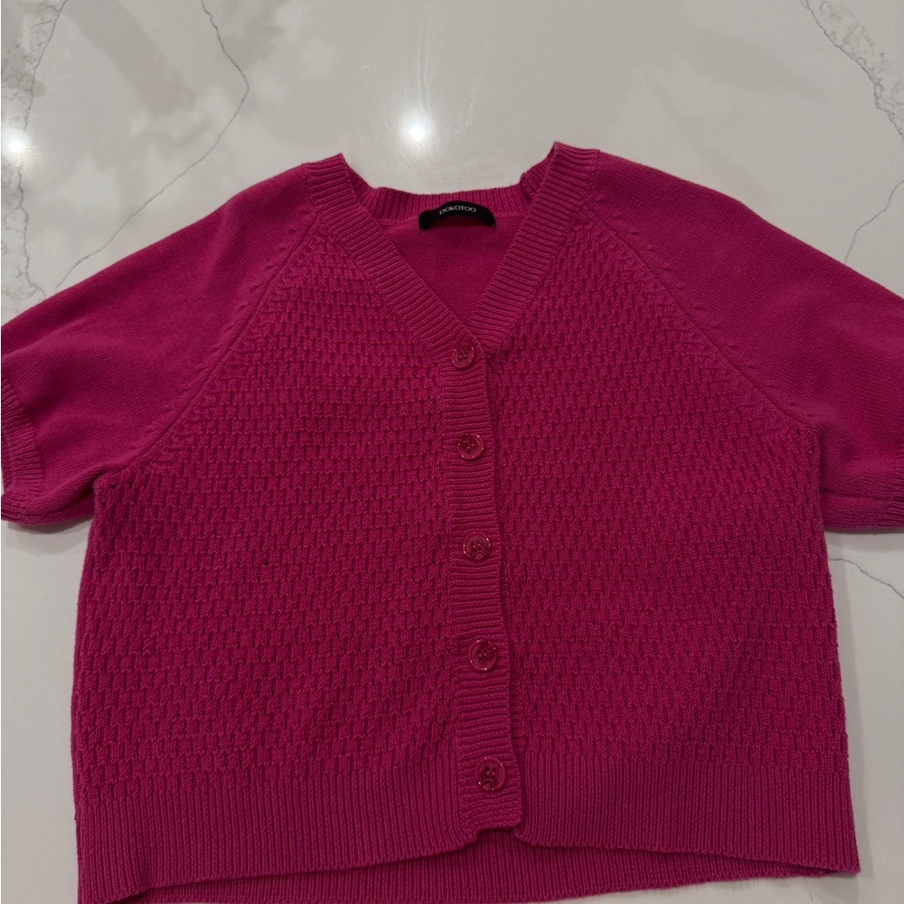 Pink Button Down Shirt with Textured Knit and V-Neckline